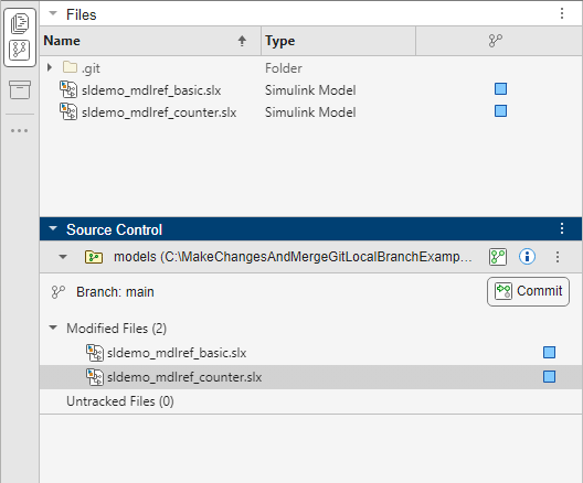 Files and Source Control panels grouped together. Files panel on top shows 2 modified model files under Git source control.