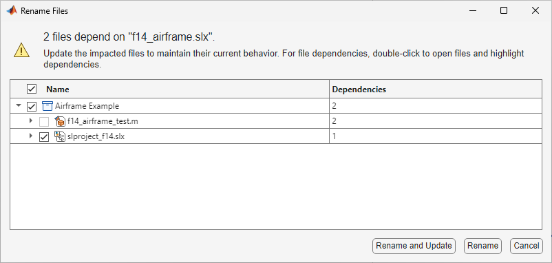 Rename Files dialog box flags two files that require updates and shows Rename and Update, Rename, and Cancel buttons at the bottom of the dialog box.