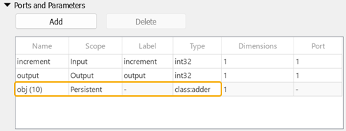 Excerpt of C Function block dialog box, showing Symbols table containing a Persistent scope symbol with Type "Class: adder". The Name field is highlighted and contains "obj(10)".