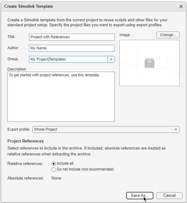 Create Simulink Template dialog box with Title, Author, Group, and Description text boxes on the left and Image placeholder on the right. Under, a Project References section with options to include or exclude projects.