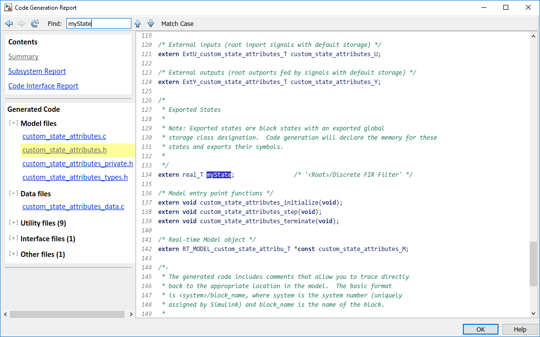 Code generation report with the header file displayed and the filter state declaration highlighted.