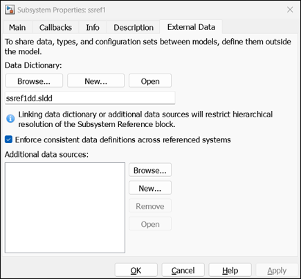 View of Subsystem Properties of ssref1. Data dictionary ssref1dd.sldd is added using the External Data tab.