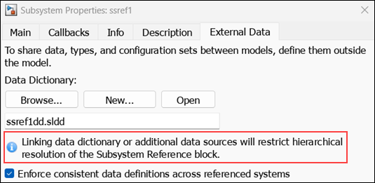 Subsystem Properties dialog box. When an external source is linked, an information message to restrict hierarchical resolution is displayed.