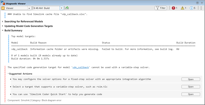 Diagnostic Viewer displaying the build summary of the model vdp_callback with suggested actions for the errors causing the build failure.