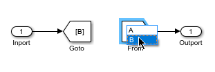 An Inport block connects to a Goto block with a signal line, and a From block connects to an Outport block with a signal line. The Goto tag of the Goto block is B, and on the From block, a new Goto value is being selected. The drop-down list is expanded, and the pointer is on the value B.