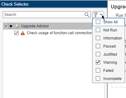 Pointer on the filter icon with the Warning check box selected