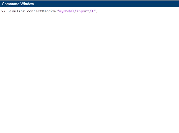 The Matlab Command Window displays part of the command to programmatically connect the Inport block to the Scope block. The path of the bottom port of the Scope block is missing. A Simulink window appears. In the Simulink Window, the pointer right-clicks the bottom port of the Scope block and selects Copy Path. The path is pasted at the end of the command in the Matlab Command Window. The command is completed and executed. In the Simulink window, the Inport and Scope block are connected with a signal line.