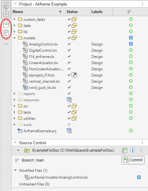 The Project and Source Control panels grouped together, with the Project panel at the top. The Project panel shows the files in the project and their statuses. The Source Control panel shows the modified files.