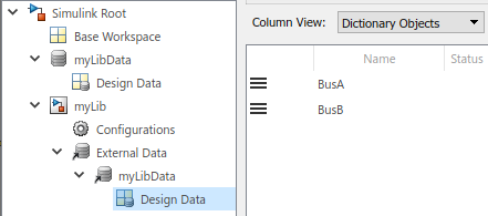 View of Model Explorer. On the left, the library node is expanded in the Model Hierarchy pane. Under the library node, the External Data node is expanded to show the linked data dictionary. On the right, the Contents pane displays the two bus objects contained in the Design Data section of the dictionary.