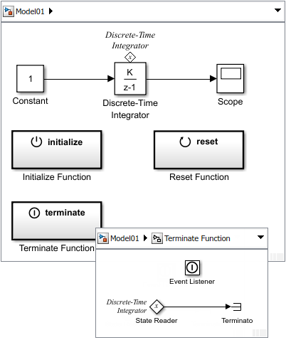 Configure the State Reader block inside the Terminate Function block to read the Discrete-Time Integrator block state value.