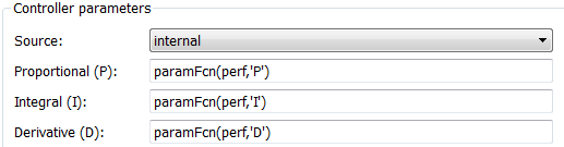 Block properties dialog box for the PID Controller block. The Proportional, Integral, and Derivative block parameters are set using the paramFcn function described above.