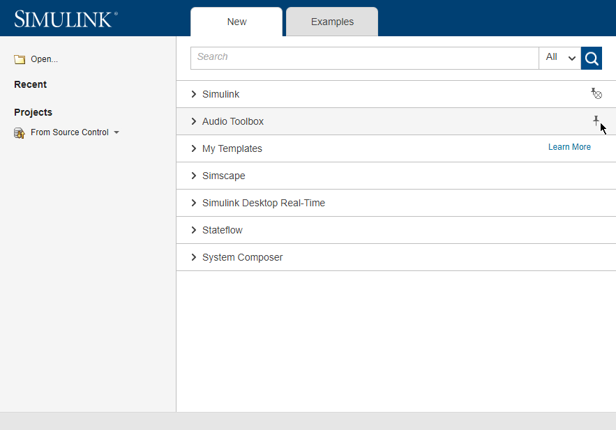 Simulink Start Page shows the list of template groups and Pin and Unpin buttons.