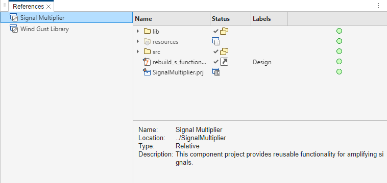 References tree shows one project selected in the pane on the left and information about the selected project, including all folders and files, in the panes on the right.