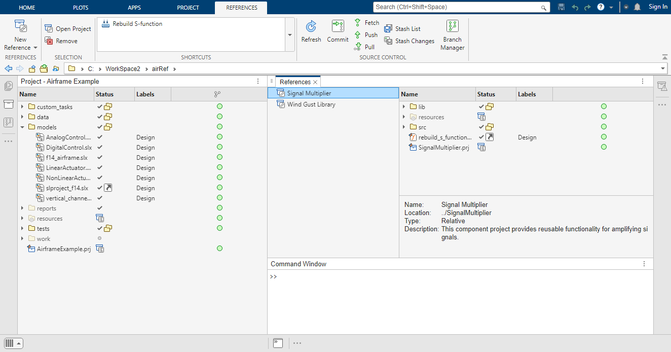The illustration shows the parent project open on the left and the References tree on the right. In the References tree, one project is selected to show all files in the selected project.