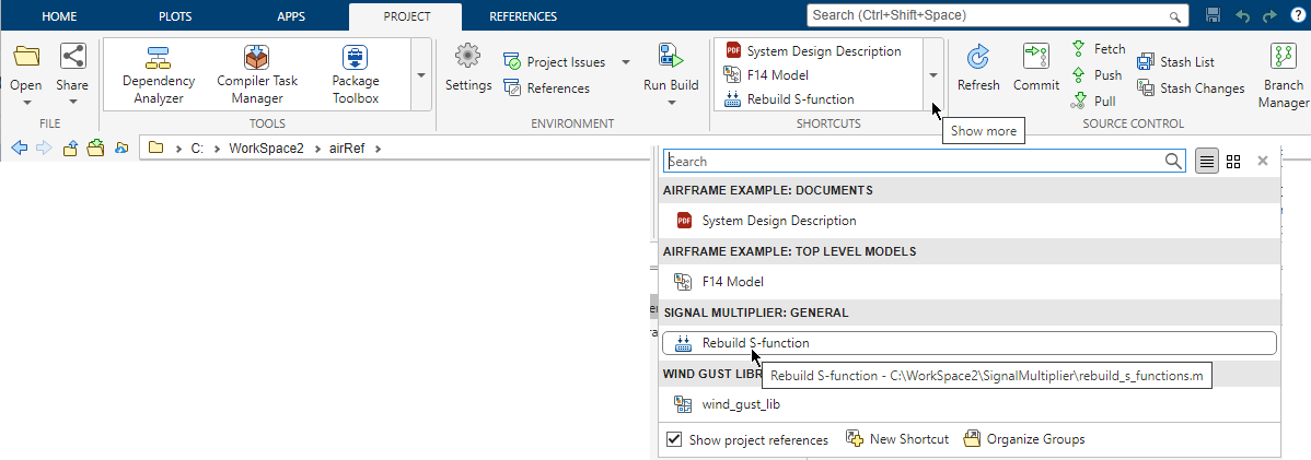 The shortcuts gallery in the parent project shows all shortcuts in the project hierarchy.