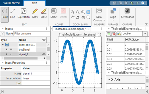 Signal Editor Edit tab with plotted signal_1 and accompanying data