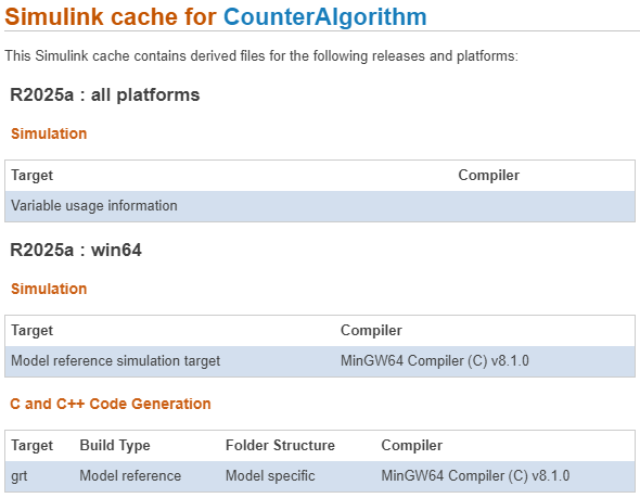 Simulink cache report