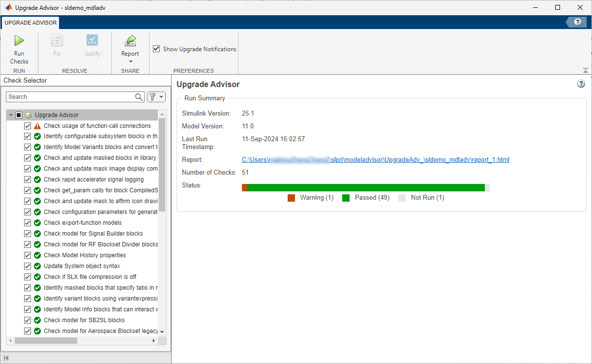 The Run Summary section in the Upgrade Advisor shows the date and time of the last run, the number of checks, and the number of checks with the status of Warning, Passed, and Not Run.