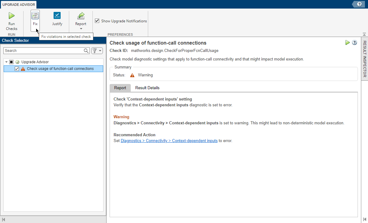 The Upgrade Advisor shows the list of checks with a warning status in the left pane, the warning details in the right pane, and the pointer on the Fix button in the toolstrip at the top.