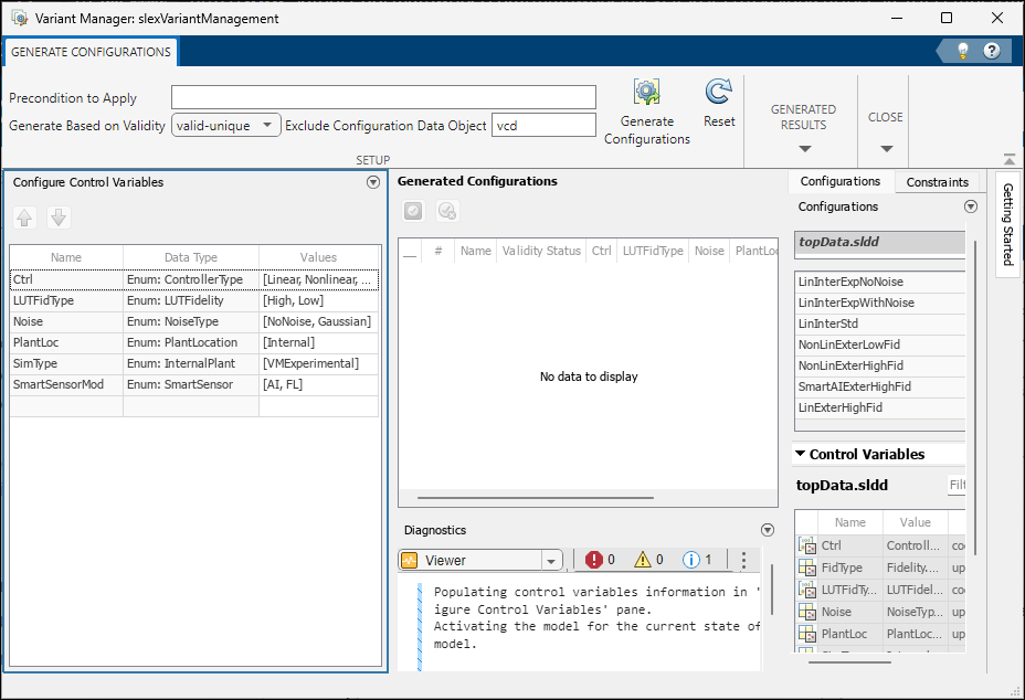 Generate Configurations tab open in Variant Manager window