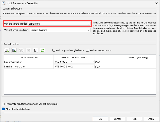 Variant Subsystem block parameter dialog box with Variant control mode set to expression