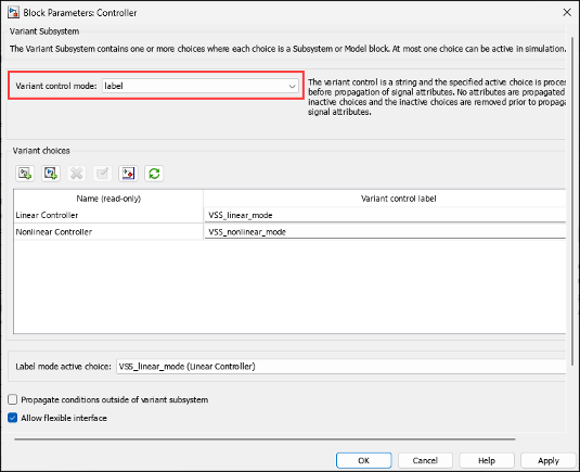 Variant Subsystem block parameter dialog box with Variant control mode set to label