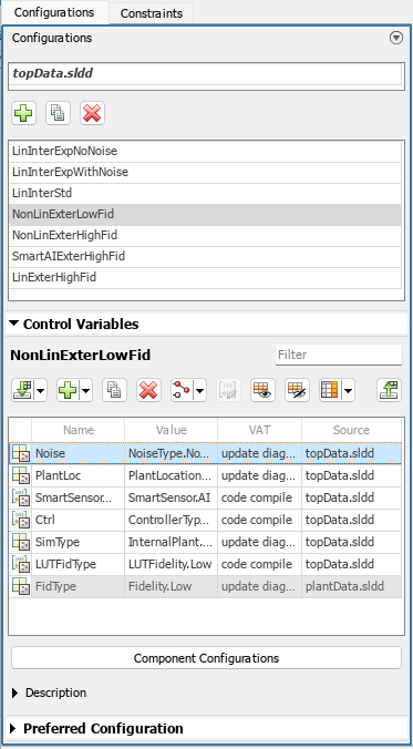 Variant configurations pane in Variant Manager
