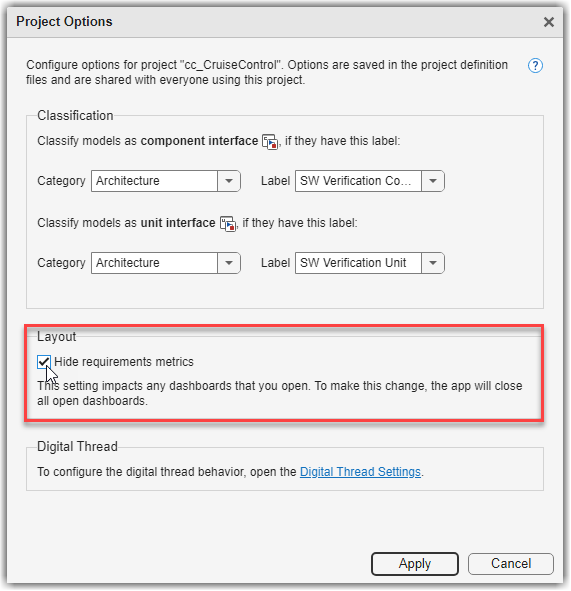 Mouse selecting Hide requirements metrics checkbox