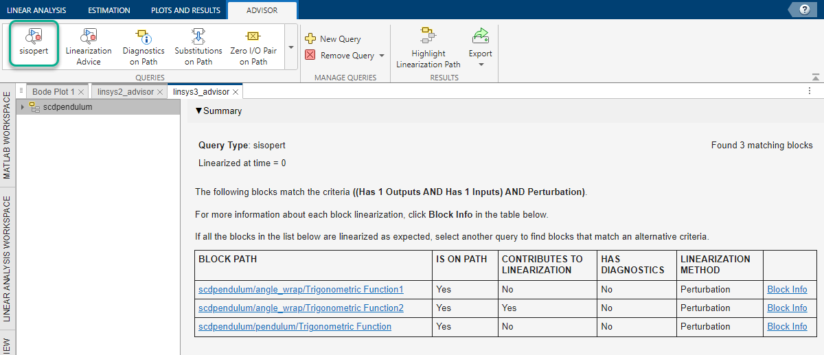 Advisor document showing the results for the sisopert custom query. For this system, three blocks match the search criteria.