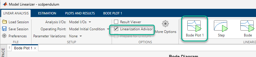 Linear Analysis tab showing the selected Linearization Advisor parameter in the Options section and Bode Plot 1 highlighted on the left side of the Linearize gallery.