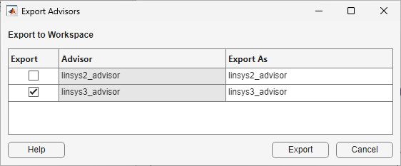 Export Advisors dialog box with a table showing two advisor objects. The second advisor is selected in the Export column on the left.