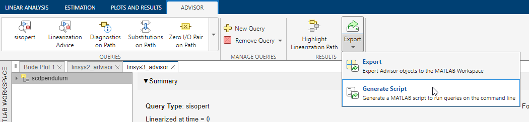 On the fare-right side of the Advisor tab, the Export split button is selected and the cursor is over the second list item, Generate Script.