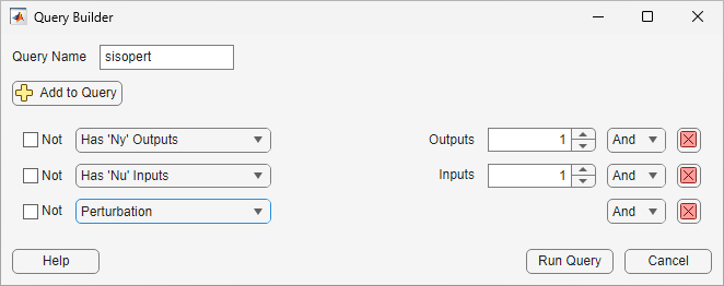 Query Builder dialog box showing the configured sisopert query, which contains three criteria.