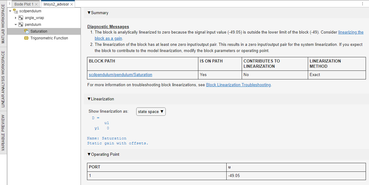 Advisor document highlighting the Saturation block in the tree list on the left. On the right, the document shows the diagnostic information for this block.