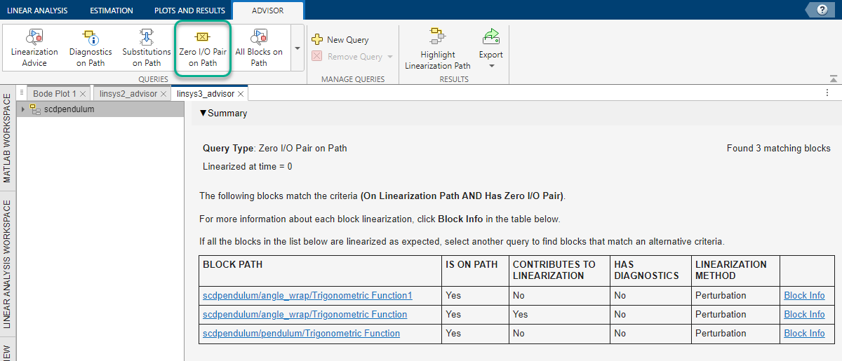 Advisor tab with the Zero I/O Pair on Path query second from the right in the Queries gallery. In the document, the table shows a table with three blocks that match the query.