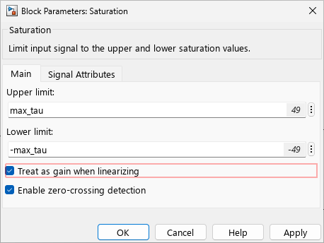 Saturation block parameters showing the Treat as gain when linearizing parameter highlighted and selected.