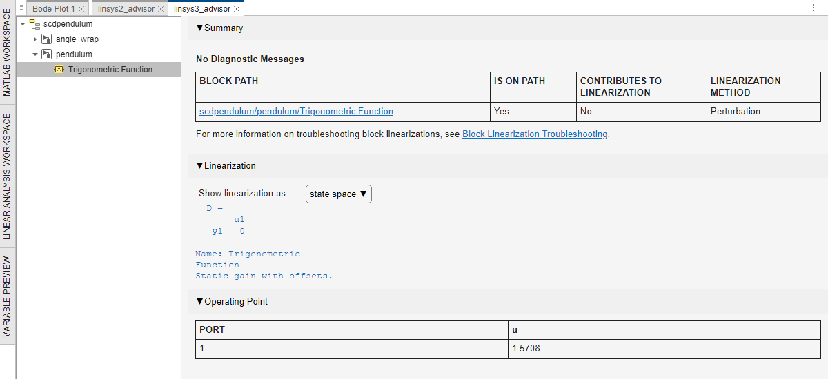 Advisor document highlighting the Trigonometric Function block in the tree list on the left. On the right, the document shows the diagnostic information for this block.