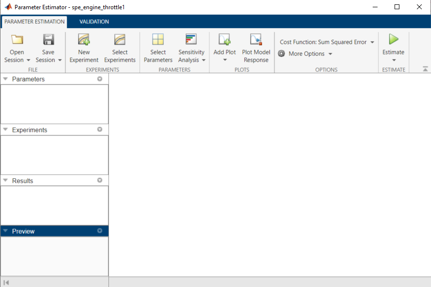 Parameter Estimator app main screen. Parameter Estimation toolstrip is on the top with buttons to open and save sessions, select experiments and parameters, add plots, estimate, and so on. Selected parameters, experiments, and results will be populated to the left of the screen.