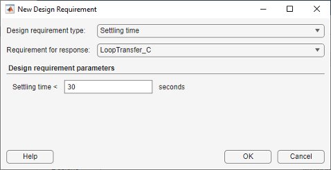 New Design Requirement dialog box with all values specified