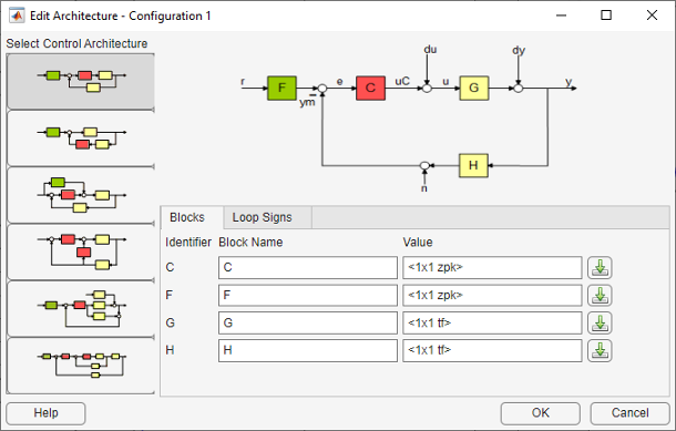 Edit Architecture dialog box showing Configuration 1 using a block diagram. The block names and their values are mentioned under the Blocks tab.