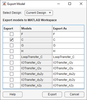 Export Model dialog box with Model C selected