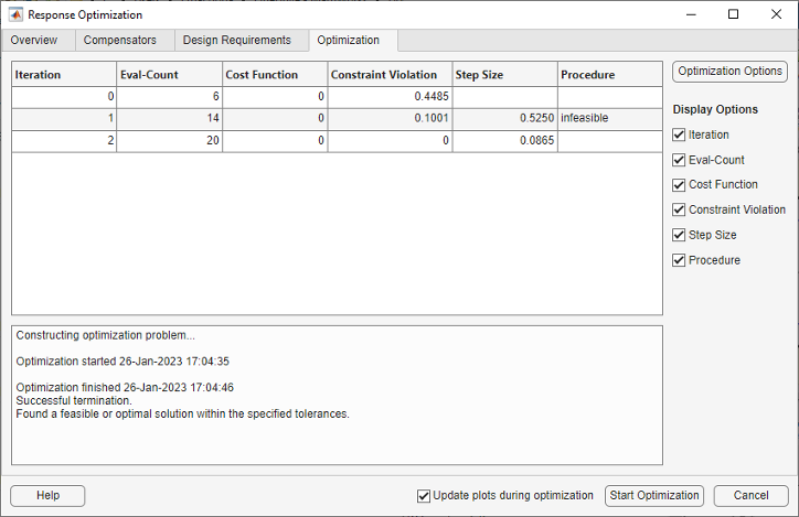 Optimization tab in the Response Optimization toolbox