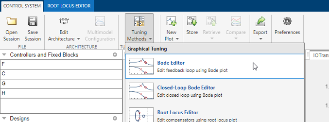 Bode Editor is selected in the drop-down list for Tuning Methods