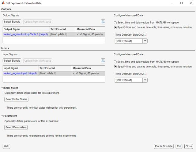 Edit Experiment dialog box with Outputs, Inputs, Initial States, and Parameters sections