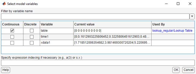 Select model variables dialog box where the Continuous box for the Variable table is checked