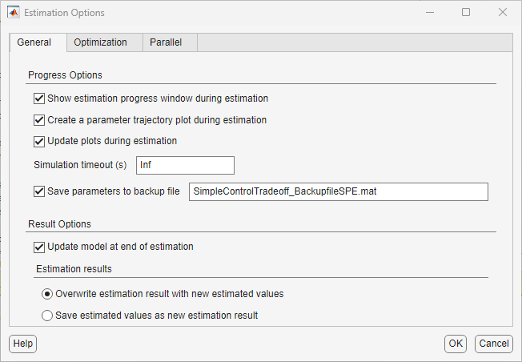 General tab in the Estimation Options dialog box with all the Progress Options and Result Options selected. The option to Overwrite estimation result with new estimated values is also selected.