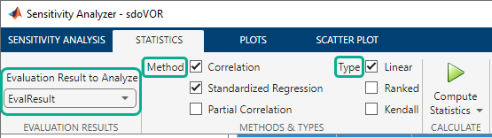 Evaluation Result to Analyze, Method, and Type are highlighted on the statistics tab of the app