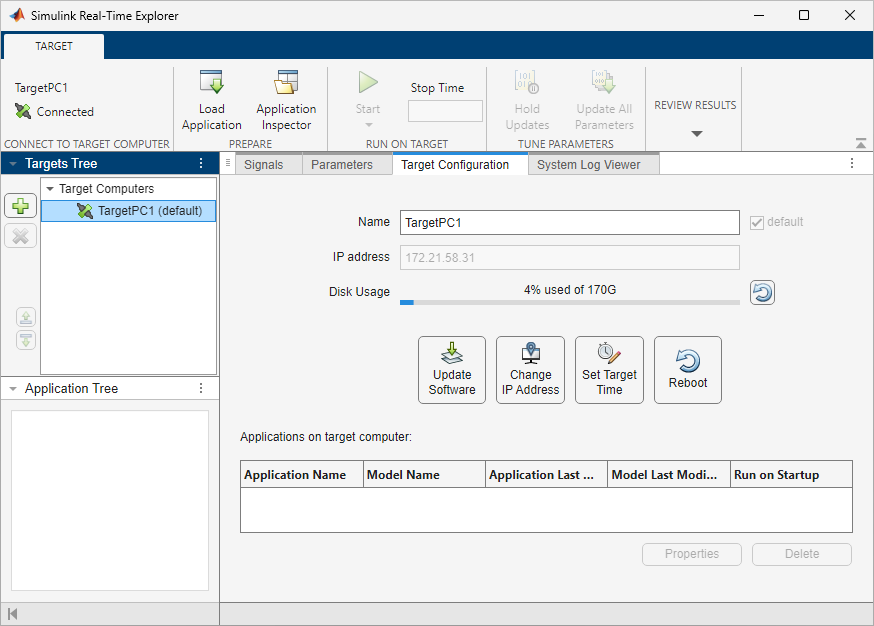 Configure the target computer by using the Target Configuration tab in Simulink Real-Time Explorer.