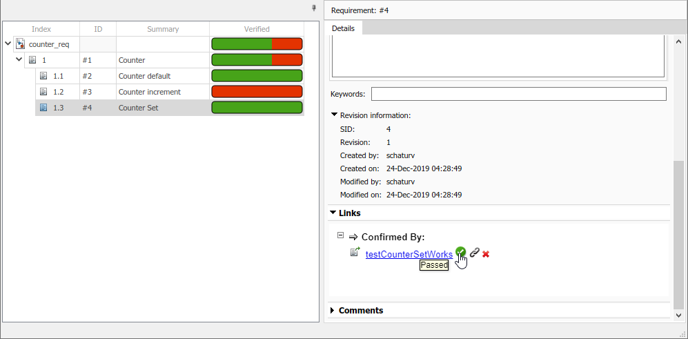 The counter_req requirement set. The verification status shows that two requirements passed and one failed.