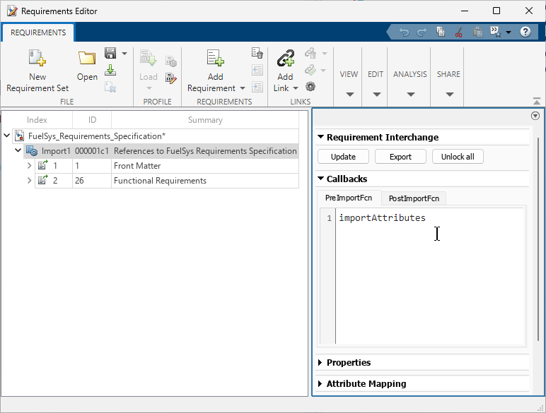 An import node is selected in the Requirements Editor. The PreImportFcn shows the code that the callback executes.